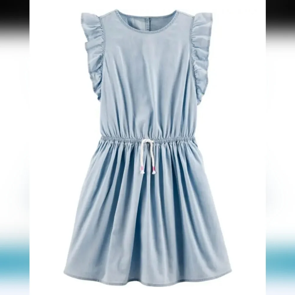 OshKosh B'Gosh Girls Ruffle Flutter Sleeve Light Blue Chambray Dress 6 / 6X